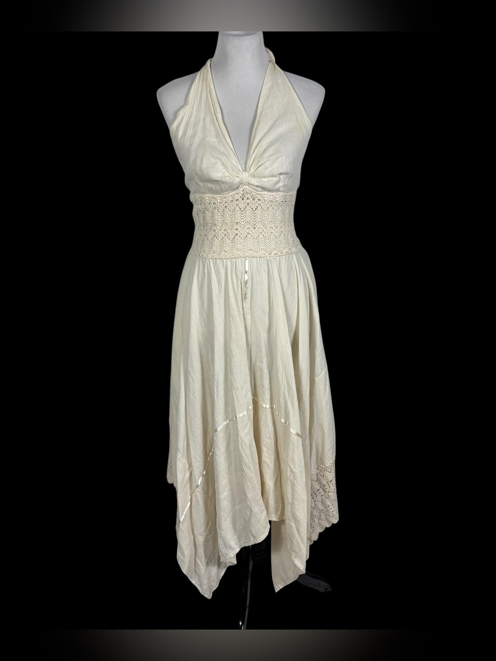 Vintage Crochet Halter Dress Handkerchief Hem Open Back Tie Boho Festival Size M